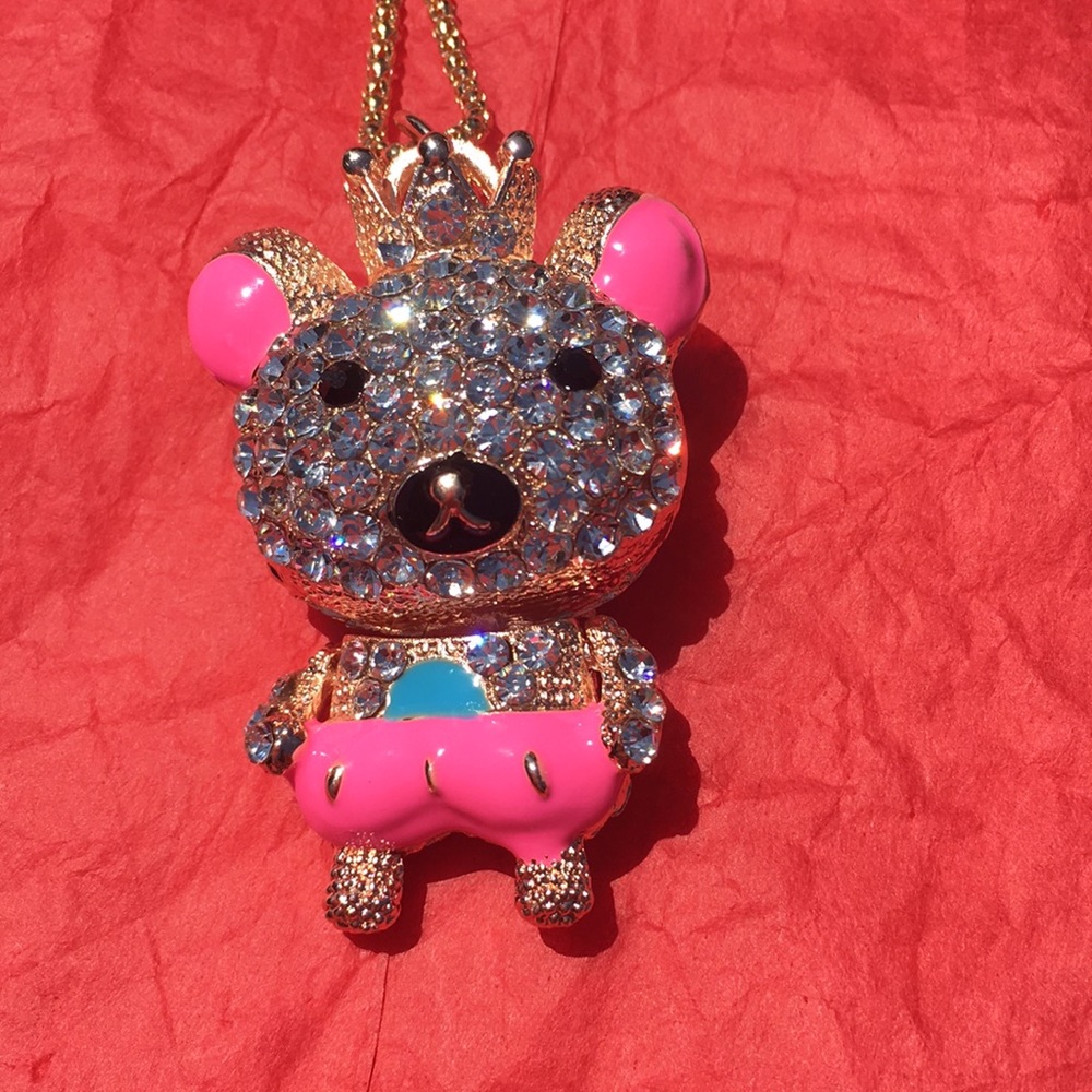 Cartoon style jeweled bear with crown necklace